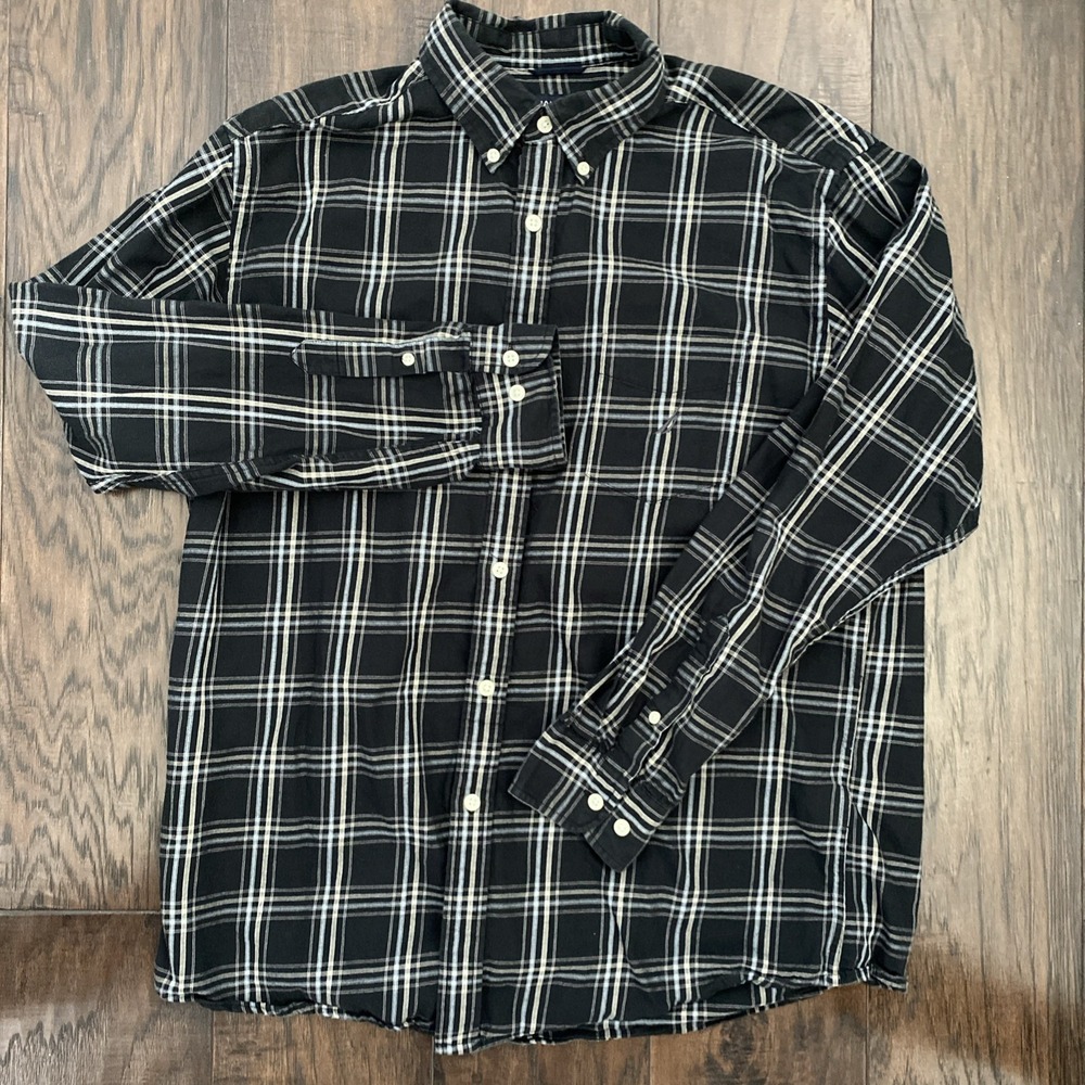 Nautica Soft Lightweight Shirt Mens Large Black Plaid Brushed Cotton Collard